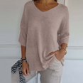 thumbnail image 2 of Beige Womens Fitted T Shirts, 3/4 Sleeve Women'S Spring Summer Tops 2024, Weekend Cotton Womens Shirts Trendy, Womens Short Sleeve Sweaters Tops V Neck Pullover Knit Shirts Loose Blouses, 2 of 5