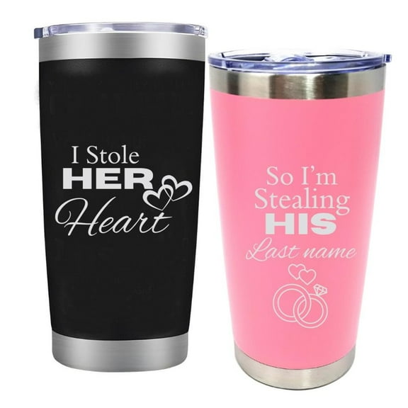 2 Pcs Anniversary Coffee Tumbler - I Stole Her Heart So I'm Stealing His Last Name Drinking Coffee Together Wedding Wife Husband Married Marriage Caffeine Lovers-Drinking Coffee Together