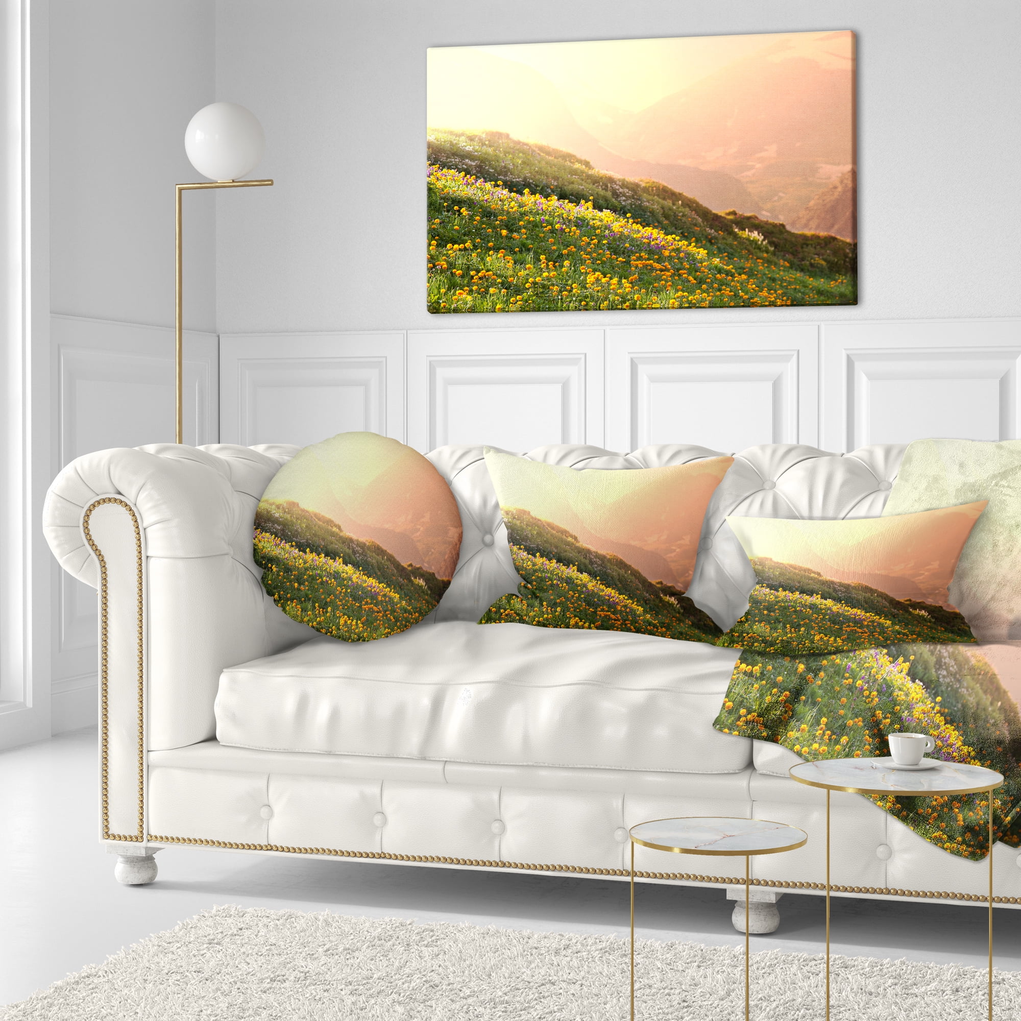 Designart Flowering Mountain Meadow View - Landscape Printed Throw Pillow - 12x20