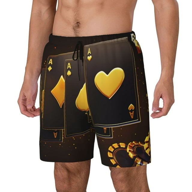 Bingfone Casino Playing Cards for Men's Double Layer Swimming Trunks with Lining, Drawstring Style with Pockets Beach Shorts Men's Swimsuit-Small