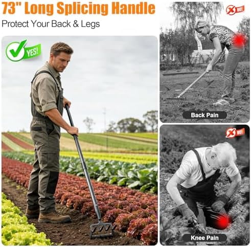 Garden Hoe, 72 Inch Soil Tiller Cultivator Stirrup Hoe, Heavy Duty 2-in-1 Garden Tool with Adjustable Long Handle, Action Scuffle Loop Hoe with Rake for Flower Beds, Garden Loosening Weeding Digging