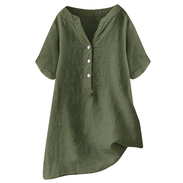 Loose Fit Solid Color Linen Casual Short Sleeve Button Top for Women Womens Compression Cold Gear Long Sleeve Shirts for Women Fall 100 Polyester Shirts Women Long Exercise Shirts Women Turtle