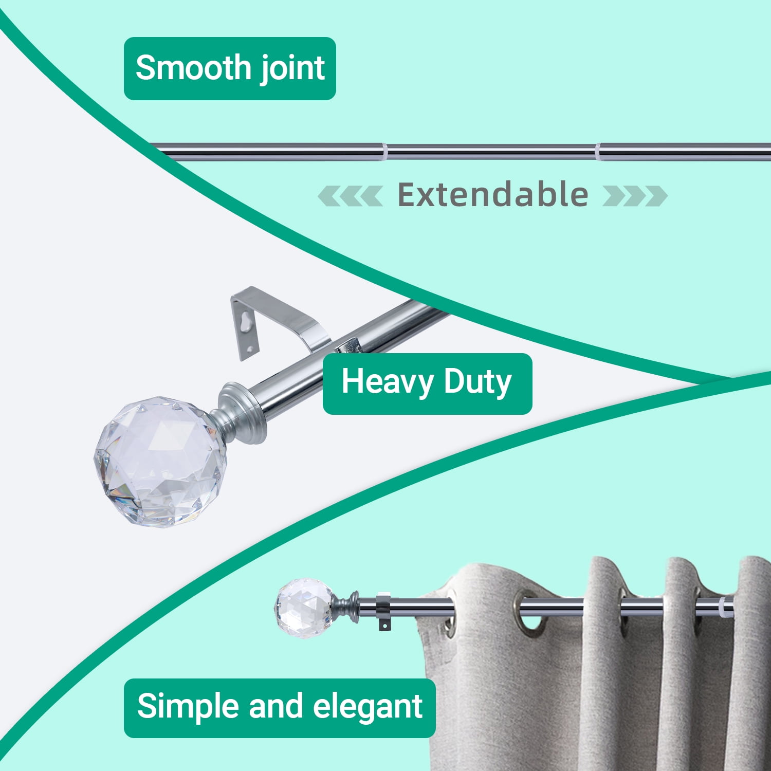 Curtain Rod Chrome Extendable Curtain Rod 36" to 72" Adjustable Curtain Rods Includes rods, ball finials, 3piece brackets, hardware kits