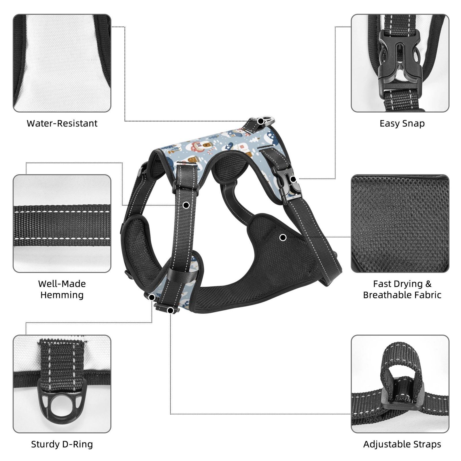 Kdxio cute Mushroom Village Print No Pull Dog Harness Adjustable Reflective Oxford Easy Control Medium Large Dog Harness for Training and Everyday-X-Large