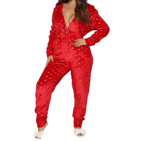 

Gupgi Women Christmas Pajamas Plush Warm Hood Flannel Jumpsuit Sleepwear