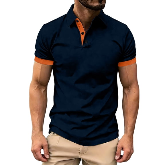 LEKWK T-Shirts for Men Short Sleeve Collared Slim Fit Tees Breathable Soft Fabric Contrast Trim Button Placket Casual Shirt Workout Athletic Golf Daily Wear Navy XXXL