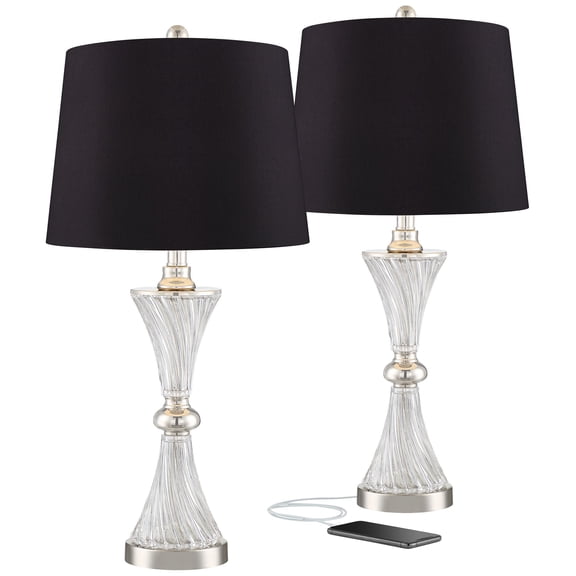 Regency Hill Luca Modern Table Lamps 25 1/2" High Set of 2 Clear Glass with USB Charging Port Black Faux Silk Shade for Bedroom Living Room Home Desk