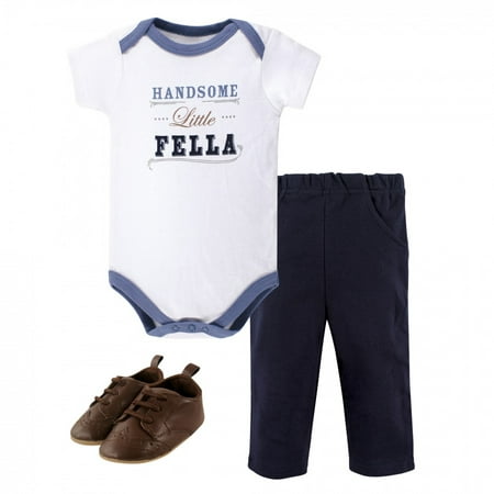

Little Treasure Baby Boy Cotton Bodysuit Pant and Shoe 3pc Set Handsome Fella Short-Sleeve 9-12 Months