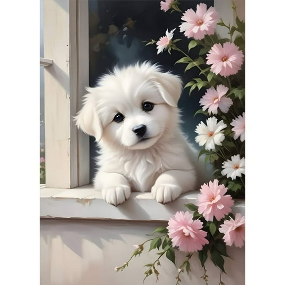 Diamond Painting Kits for Adults Cute White Puppy Full Drill DIY Diamond Art for Adults Beginners Picture Art Crystal Painting for Home Wall Decor