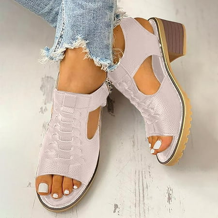 

Women s Solid Hollow Out Mid Heel Casual Vacation Open Toe Beach Sandals