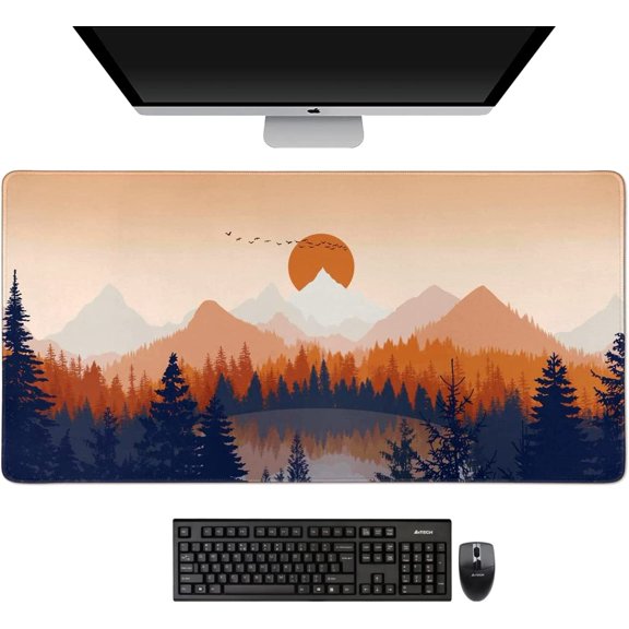 Modern Abstract Sunset Forest Mouse PadXL,XXL,Large Marble Mouse Pad,31.5*15.7in Stable Rubber Base Mousepad with Stitched Edges Waterproof Desk Mat for Work, Game, Office, Home