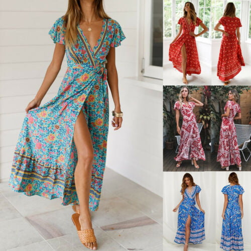 Floral Maxi Long Evening Womens Fashion beach Dresses summer Dress Long Sleeve 