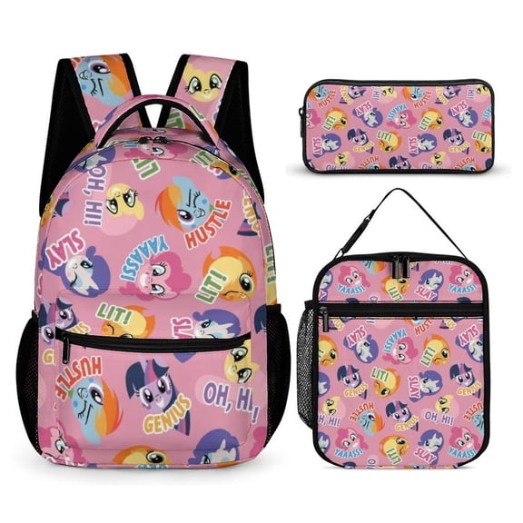 3 Piece Casual Shoulder Bookbag My Lit-tle Pony Backpack Travel Bag Knapsack with Lunch Box Outdoor Hiking