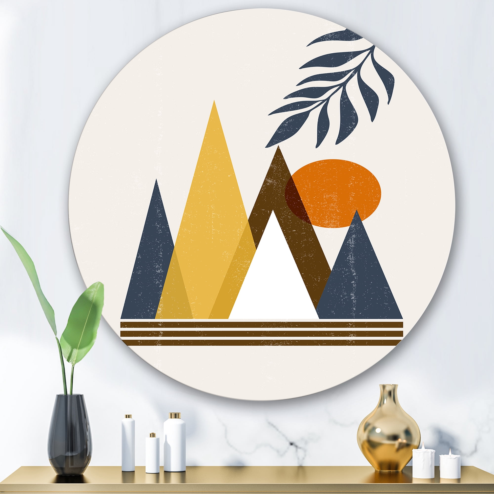 Designart 'Abstract Moon and Sun In Mountains I' Modern Circle Metal Wall Art 36x36 - Disc of 36