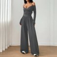thumbnail image 2 of Morttic Women's Off Shoulder Halter Tie V-Neck Long Sleeve Jumpsuit – Ruched High Waist Wide Leg Casual One Piece Gray，XL, 2 of 4