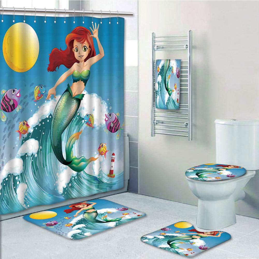 Cute Little Owl Blue Shower Curtain Bath Mat Toilet Cover Rug Bathroom Decor Set 