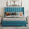 thumbnail image 2 of Leumius Queen Size Platform Bed with A Storage Drawer,Velvet Upholstered Bed Frame with Wingback Vertical Channel Tufted Headboard,Blue, 2 of 8