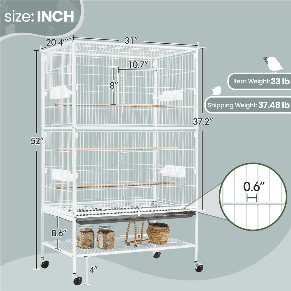 Alden Design 52″ H Rolling Metal Parrot Cage with 3 Perches & 4 Feeders & Extra Storage Shelf, White