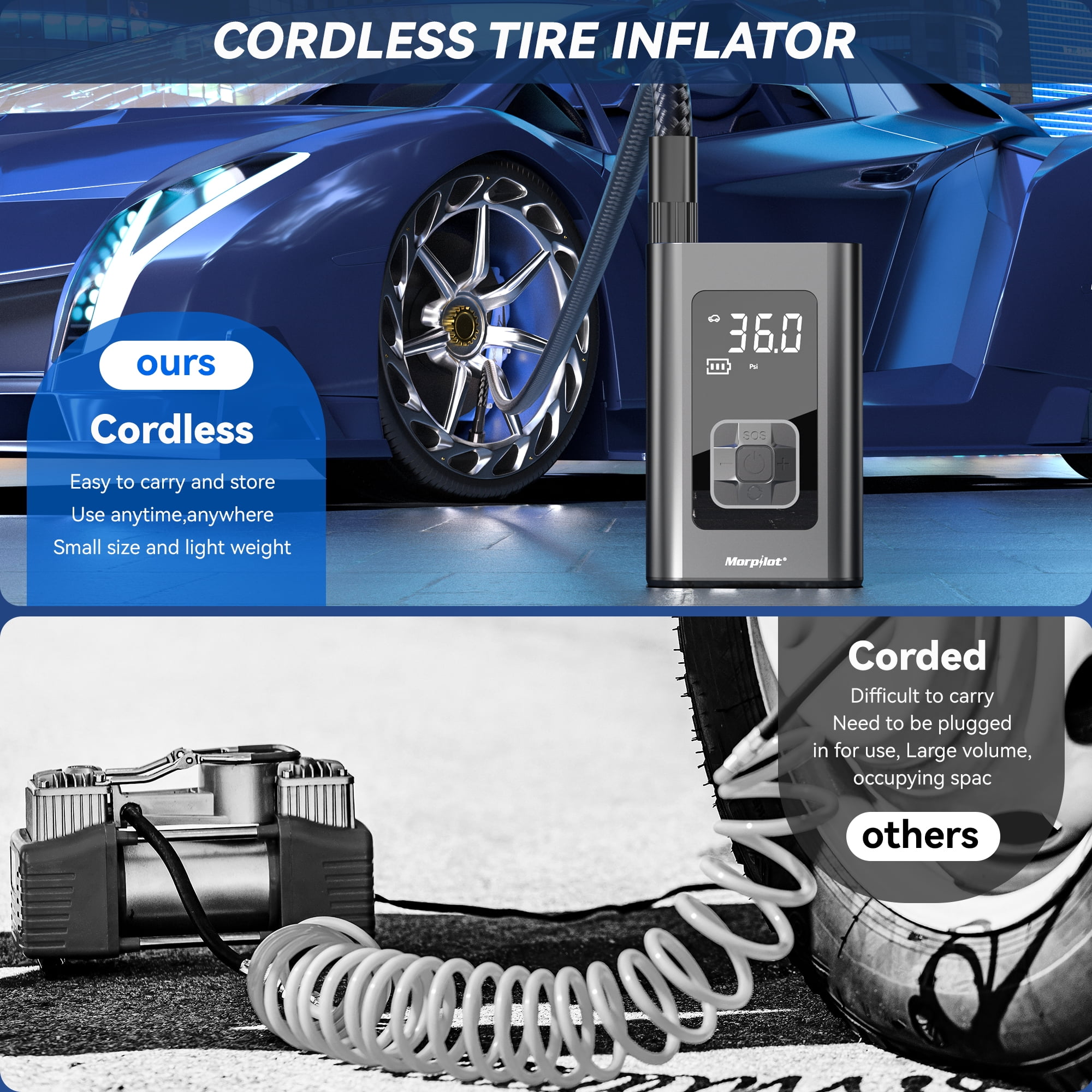 Morpilot 150PSI Cordless Tire Inflator with Digital Pressure Gauge & LED Light - Portable Air Compressor for Car, Bike, Motor, and Ball