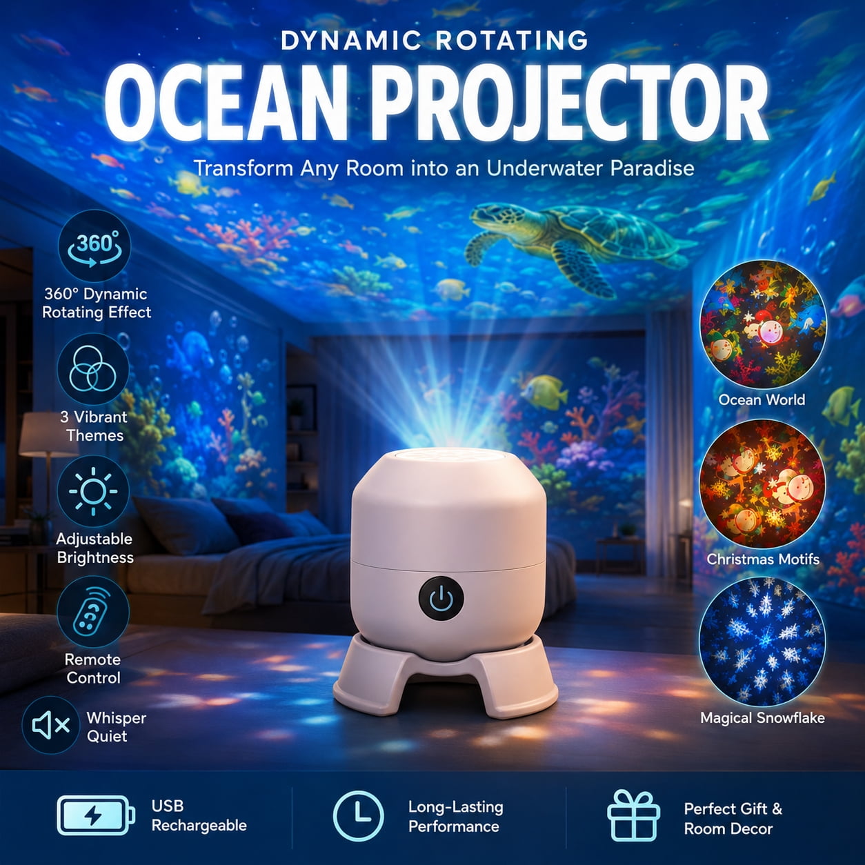 Dynamic Rotating LED Projector Light, USB Rechargeable LED Light Projector, 3D Wave Light Effect Adjustable Brightness