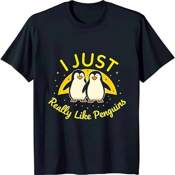 Funny Black T-Shirt with Cartoon Penguins & 'I Just Really Like Penguins' Graphic