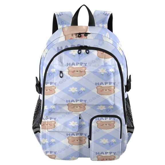 DIXRUYEE Happy Bear Plaid Backpack for School 14”Laptop Compatible with Reflective Safety Strips