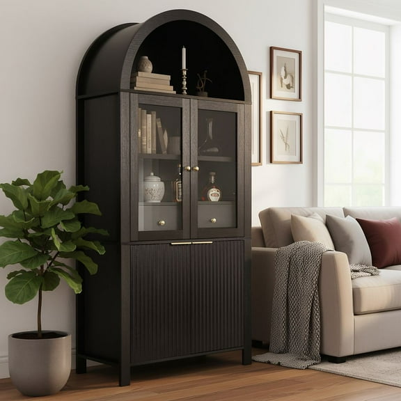MIDOQIN  71" Tall Arched Bookcase, Farmhouse Display Cabinet with Adjustable Shelves, Hidden Drawer & Glass Door Bookshelf