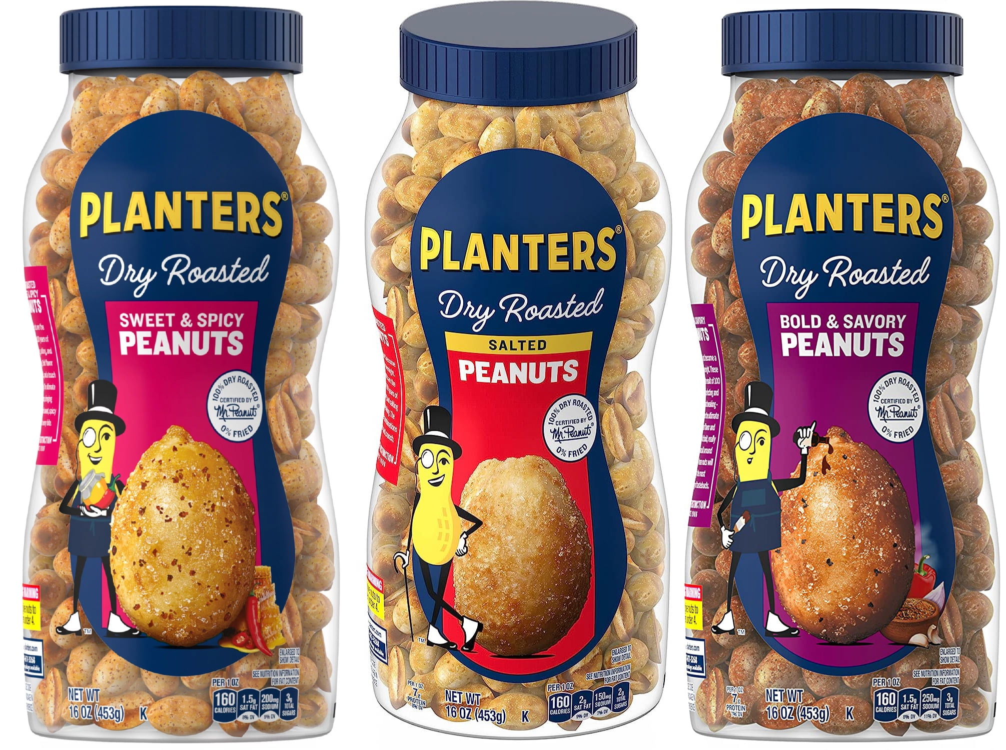Planters Dry Roasted Peanuts, 16 oz Jar, Three Flavors, Sweet and Spicy, Plain, and Bold