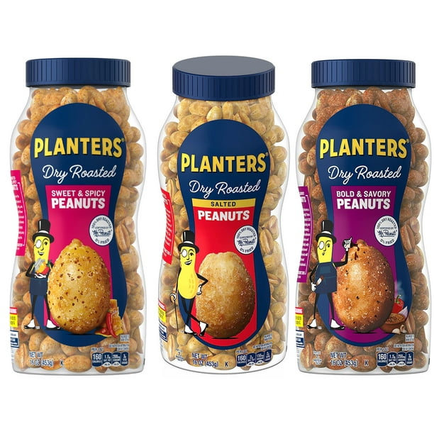 Planters Dry Roasted Peanuts, 16 oz Jar, Three Flavors, Sweet and Spicy