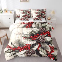 jejeloiu Rustic Pine Cone Bedding Comforter Set 7pcs,Christmas Red Berry Queen Bedding Sets,Tropical Plant Leaves Queen Sheet Sets,Lightweight Room Decor Reversible
