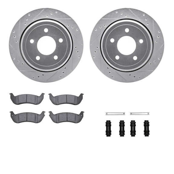 Dynamic Friction Company Rear Brake Rotors-Drilled and Slotted-Silver with 5000 Advanced Brake Pads includes Hardware 7512-56014