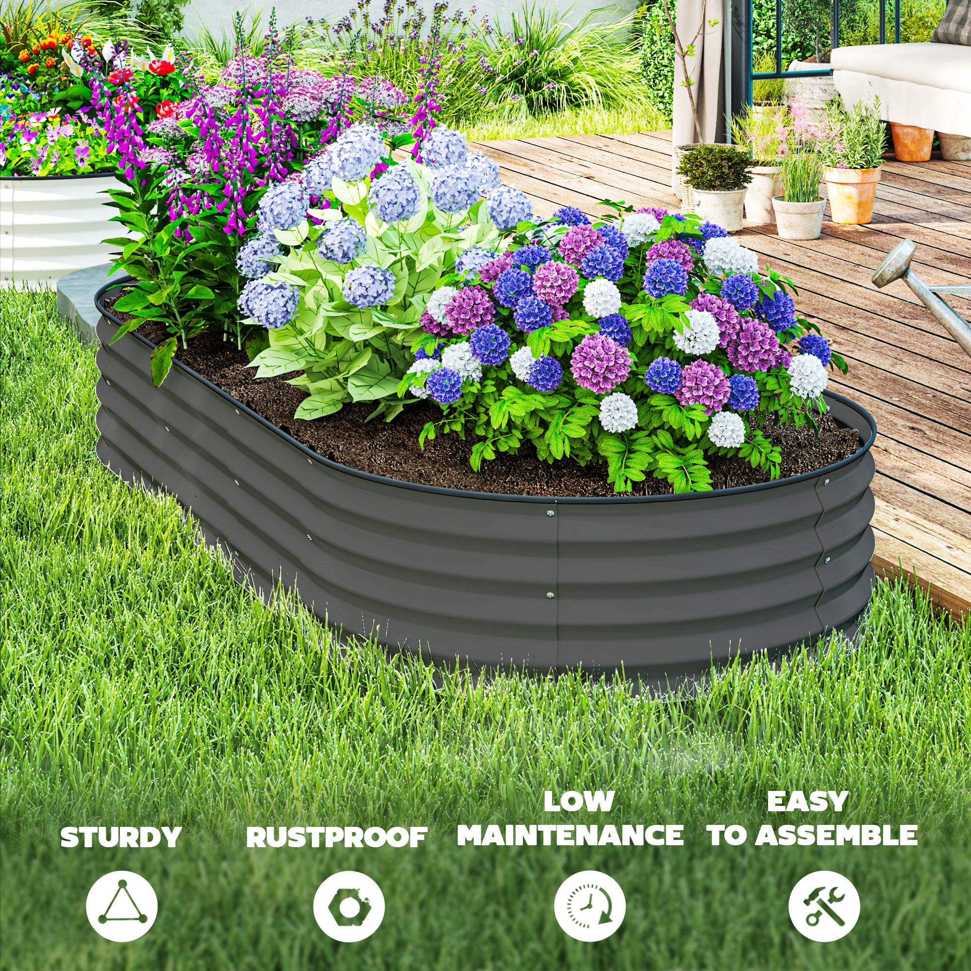 Outsunny 2PCS Galvanized Raised Garden Bed, 7' x 3' x 1' Raised Beds for Gardening with Metal Plant Stakes, Dark Gray
