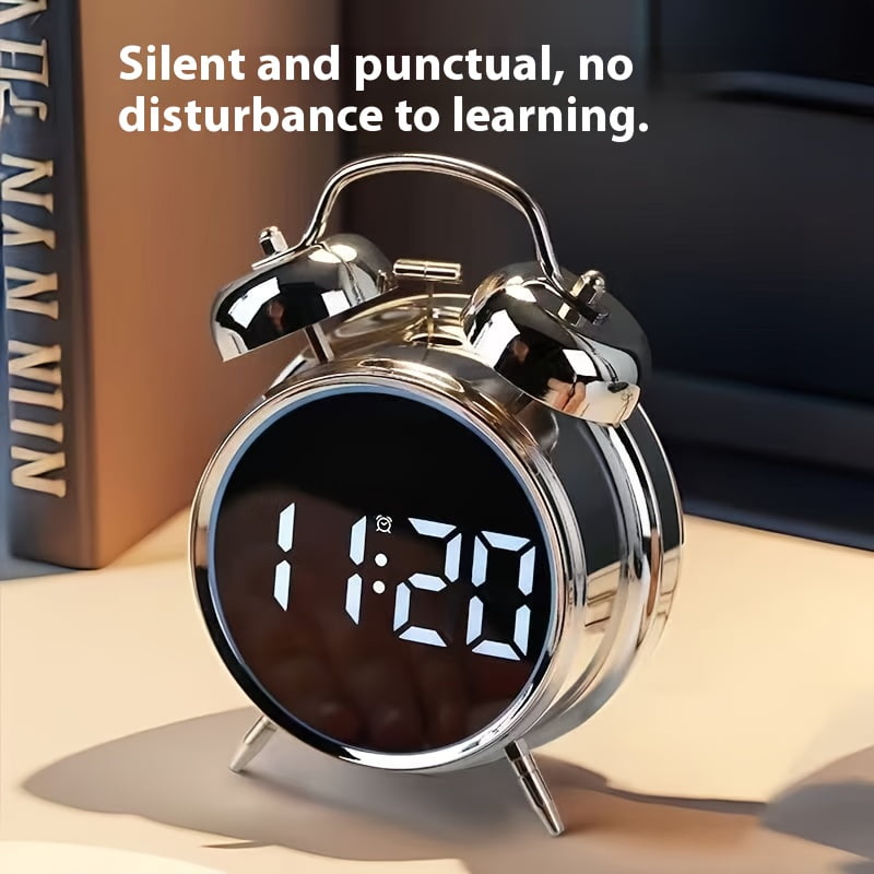 This is a stylish metal alarm clock with a night light and a variety of features, including temperature and date displays. It operates quietly without ticking and has both weekday and weekend alarm s