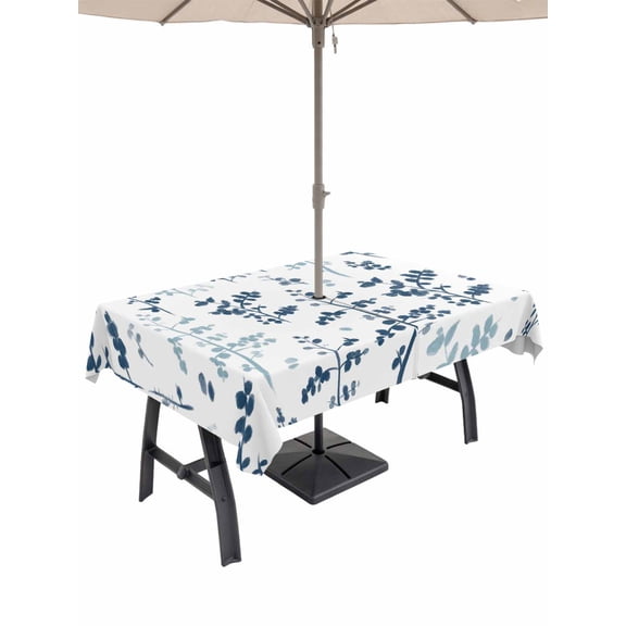 Outdoor Tablecloths with Umbrella Hole & Zipper, Blue Botanical Rectangle Tablecloth 60x120 Inch, Watercolor Spring Floral Summer Leaf Waterproof Table Cloth, Patio/Pool/Picnic Table Covers