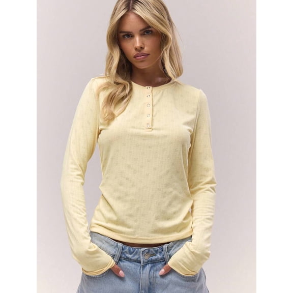 Button Down Henley Top for Women Long Sleeve Crew Neck Fitted Slim Pointelle Knit Basic Everyday