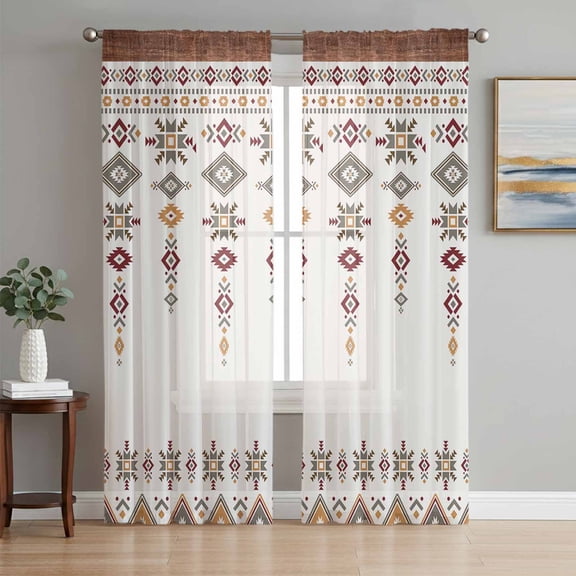 Sheer Curtains 108 Inches Long, Southwest Geometric Light Filtering Window Curtains for Living Room, Western Boho Ethnic Beige Grey Wooden Rod Pocket Voile Sheer Curtain Drapes, 52"Wx108"L, 2 Panels