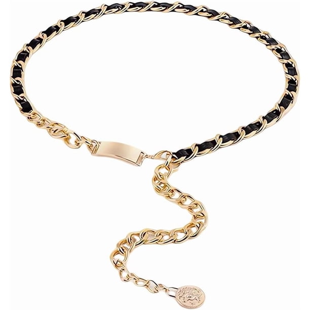 Cinturón de piel sintética negra ajustable con capas finas y retorcidas, hebilla de aleación de metal, cadena para la cintura con extensor dorado y dijes redondos.