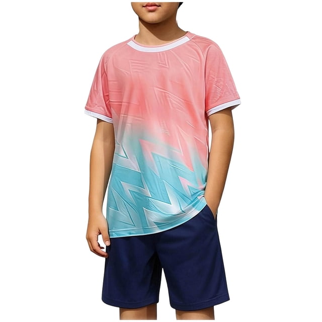 Odeerbi Conjunto de Entrenamiento de Fútbol Seco Rápido Para Chicos Y Niñas Pantalones Cortos de Camiseta Con Impresión Geométrica de Gradiente Conjunto Atlético Para 4-12 Años