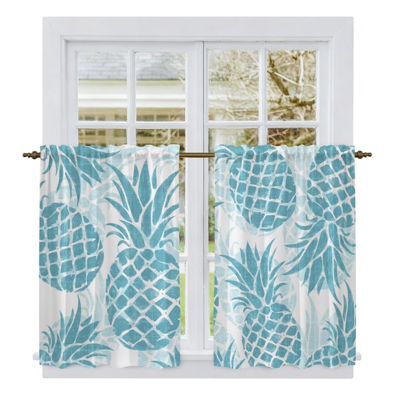 Teal Blue Pineapple Kitchen Curtains 54 Inch Length, Summer Botanical Tropical Fruits Tiers Curtains for Bathroom Bedroom Cafe, Light Filtering Small Window Treatment Short Drapes 2 Panels 42"Wx54"L