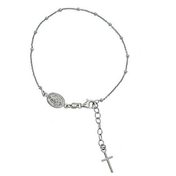 Ritastephens Sterling Silver Rosary Tiny 2mm Bead Virgin Mary Dangle Cross Religious Dainty Chain Bracelet 7-7.5"