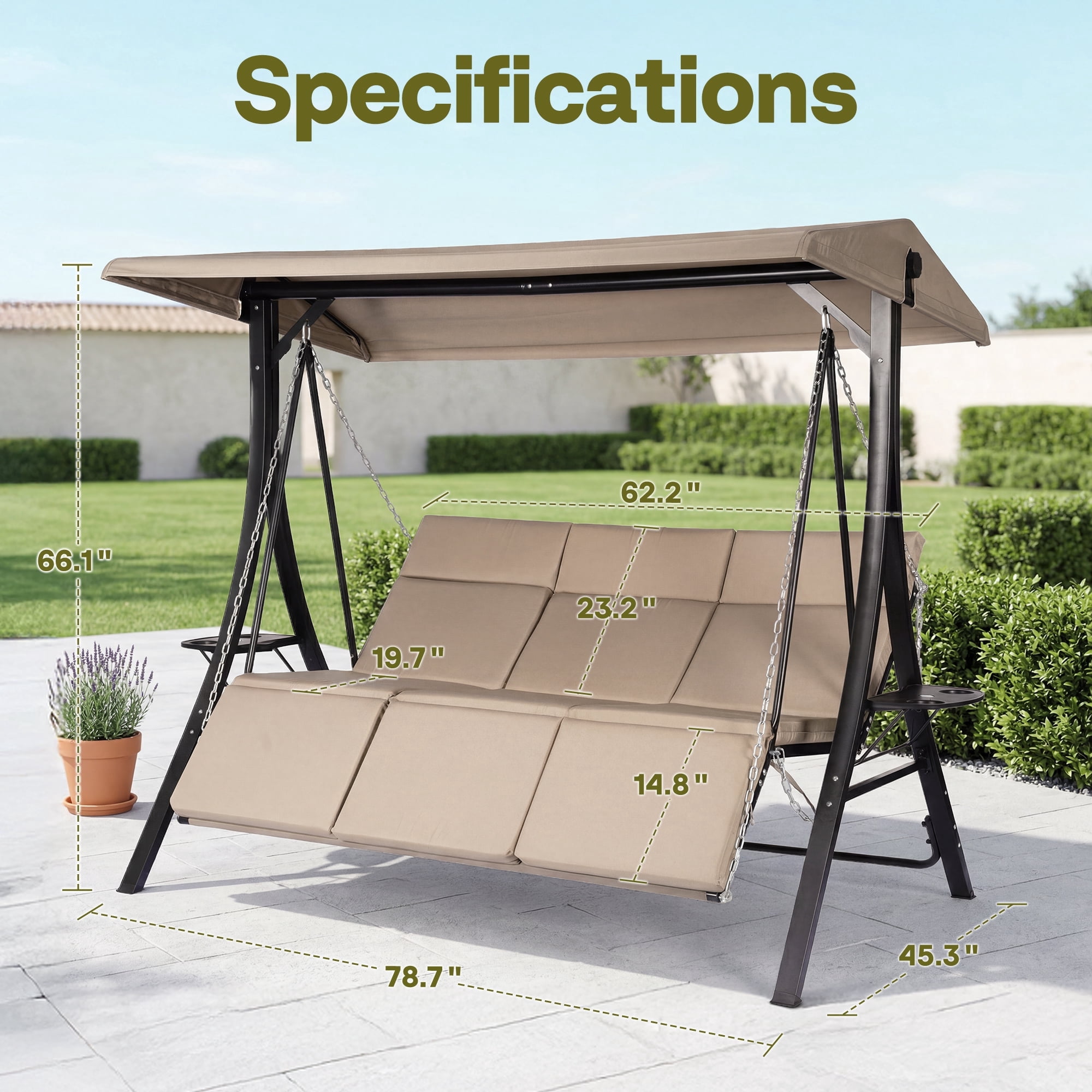 SPECSTAR 3 Seats Patio Swing Chair, Outdoor Steel Frame Porch Canopy Swing Chair w/ Adjustable Canopy&Cushion,Swing Glider Hammock for Patio Garden