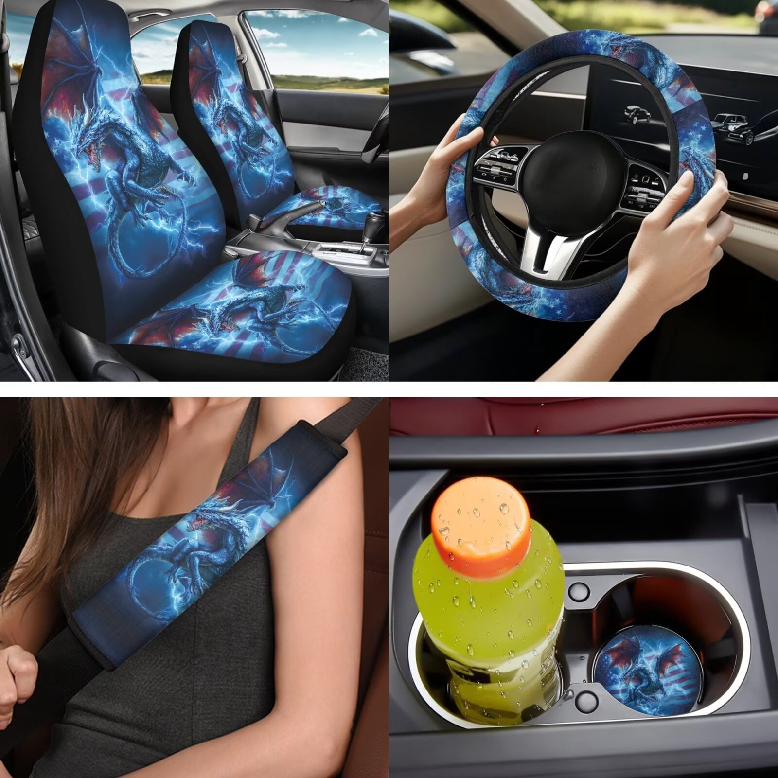 Binienty Western Dragon Lightning Car Seat Covers Full Set with Matching Steering Wheel Cover American Flag Car Interior Decor Set for Truck Van Sedan Car Armrest Cover Seat Belt Covers Coasters