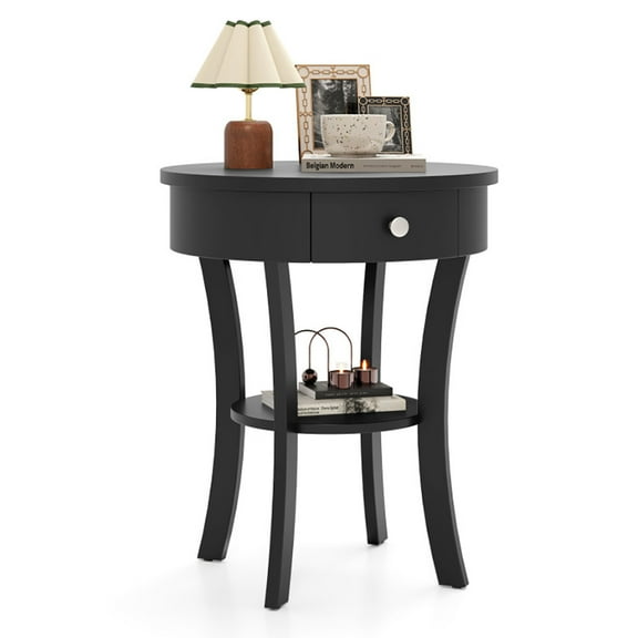 Yardi Yarda 2-Tier Wood Round End Table with Open Drawer, Black