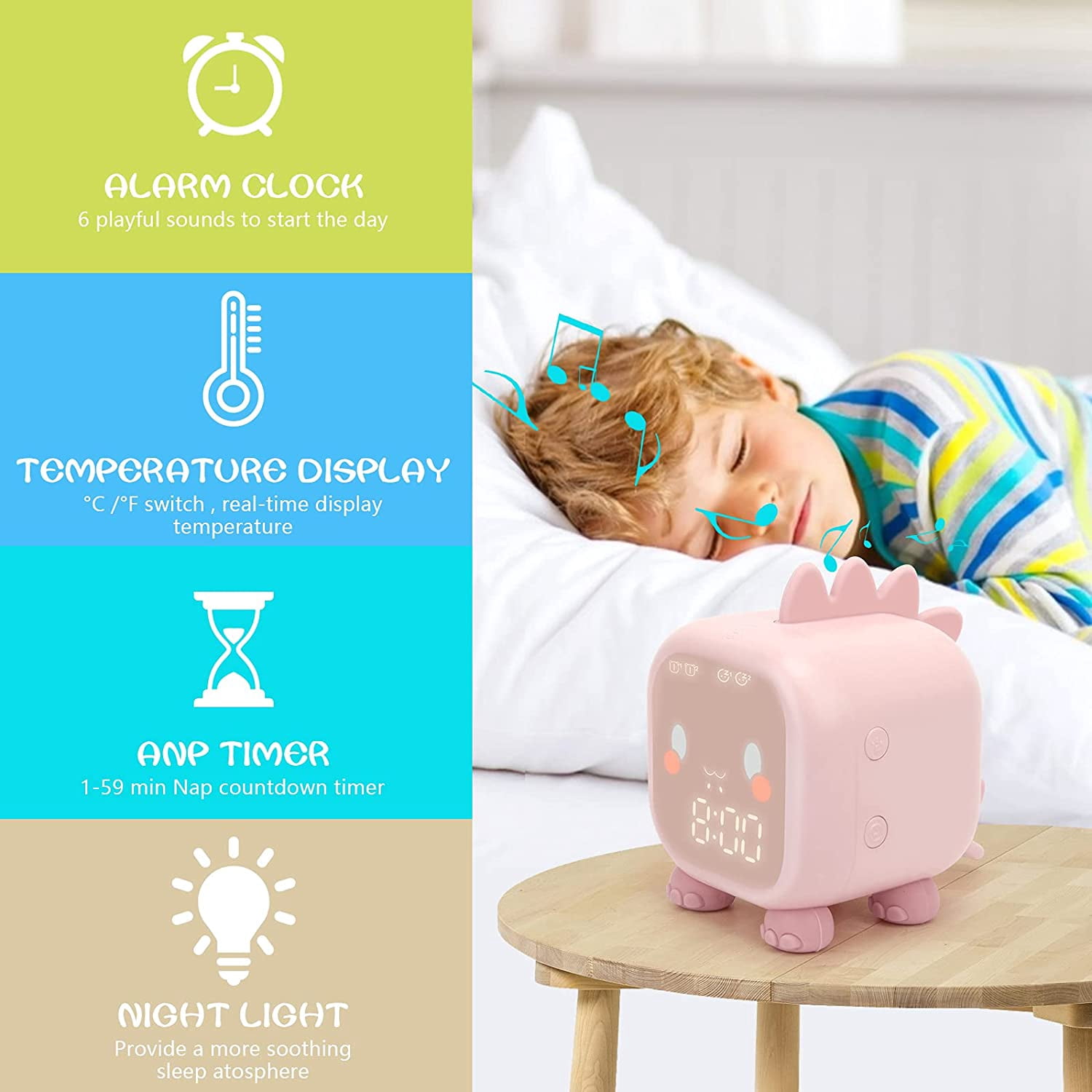 Cute Dinosaur Digital Alarm Clock For Kids - Sleep Trainer With Night Light, Voice Control, Sunrise/Sunset Simulation, USB Charging