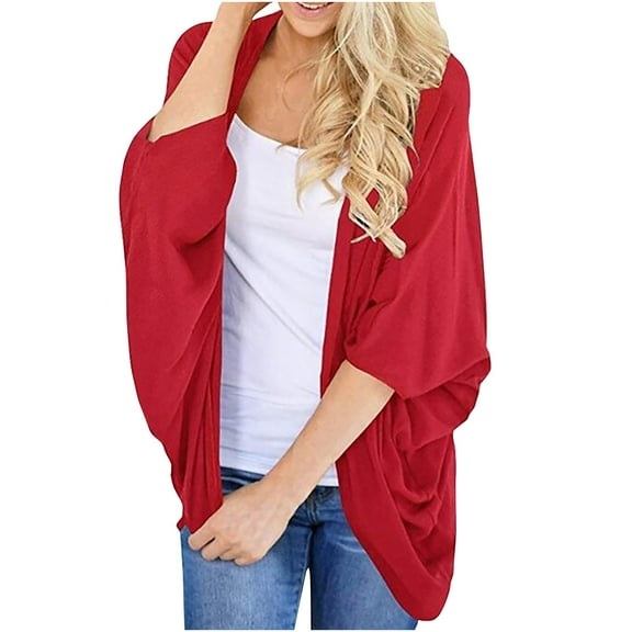 VEKDONE 2024 Prime Day Deals Women's Chiffon Cropped Cardigan Sweater Casual Lightweight Draped Flowy Cover Up Blouse Top Red,XXL