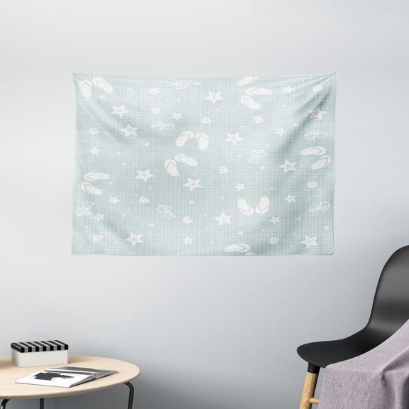 Aqua Tapestry, Beach Theme Decor Sea Shells Starfishes Flip Flops Glasses Summer Holiday Image, Wall Hanging for Bedroom Living Room Dorm Decor, 60W X 40L Inches, Seafoam and White, by Ambesonne