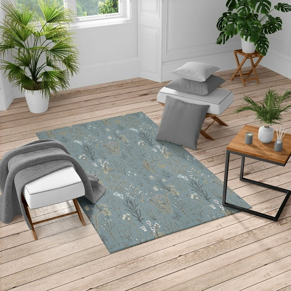 Floral Turkish Area Rug, Vintage Garden Plants Herbs Flowers Botanical Classic Design Illustration, Soft Carpet for Living Room Decor with Distressed Look, 2.6' x 5', Dark Cadet Blue, by Ambesonne