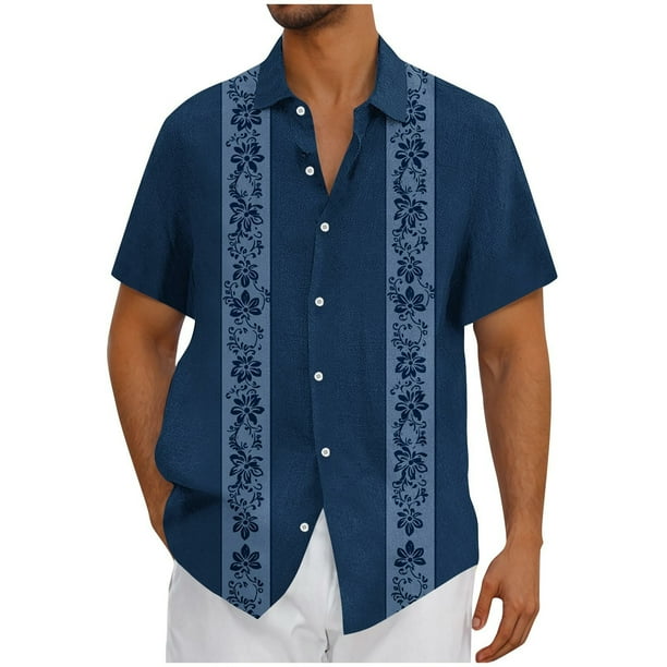Mens Casual Botón Arriba Camisas Manga Corta Vintage Boliche Cuba Playa Camisas de Verano Botón Arriba