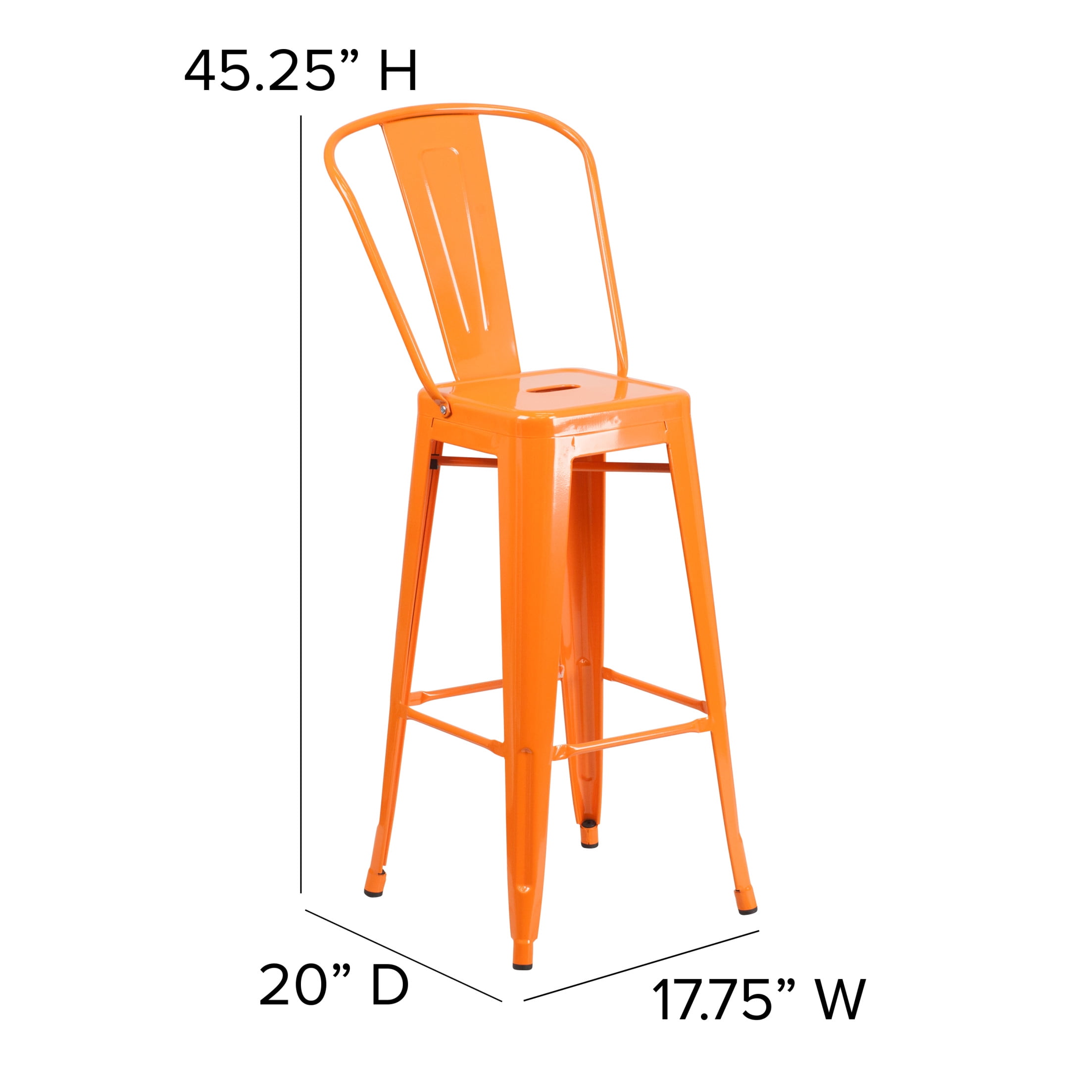 Merrick Lane Orange 30" High Metal Bar Height Stool with Removable Back for Indoor-Outdoor Use