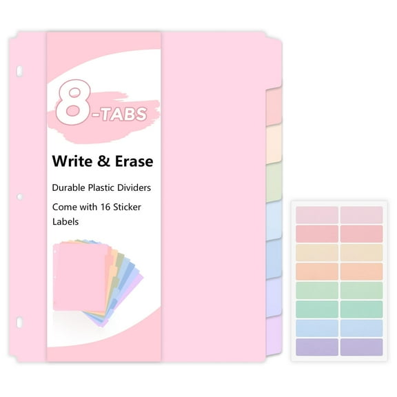 Plastic tab dividers for 3 ring binder, 8 big write and erase dividers with tabs, durable pastel multicolor dividers, includes labels for organization